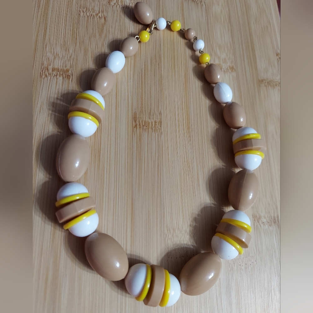 Vintage 'West Germany' Tan, White & Yellow Acrylic Beaded Statement Necklace